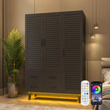 jiteentarou 3 Door Armoire Wardrobe Closet Cabinet with Drawers and LED Lights, Multi-Tier Shelves, Hanging Rod & 3 Louver Doors, Large Capacity Storage Wardrobe Armoire for Bedroom(3 Doors Black) jiteentarou
