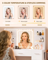 LIVELYGLOW Large Makeup Vanity Desk, 43.3”W x 15.7“D x 53.2”H, White (Large Desktop, Samrt LED Mirror, 4 Open Shelves, 7 Drawers, Hairdryer Rack, Power-Outlet, No Cushion Stool Included) LIVELYGLOW