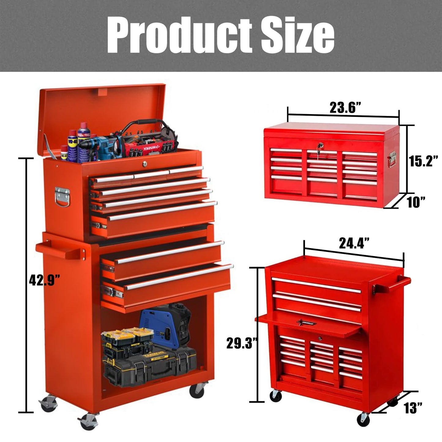 Dawmilon 8-Drawer Rolling Tool Chest, 2-in-1 Tool Box Organizer with Lockable Wheels, Sliding Drawers, and Detachable Top, Garage Workshop Tool Storage Cabinet, Red - WoodArtSupply