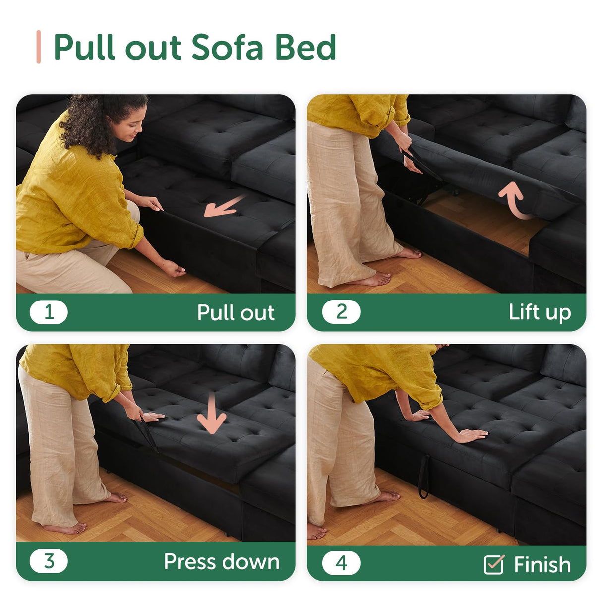 HONBAY Sectional Sleeper Sofa with Pull Out Bed, Sleeper Sectional Couch for Living Room, Sleeper Sofa Bed with Storage Chaise, Velvet Black HONBAY