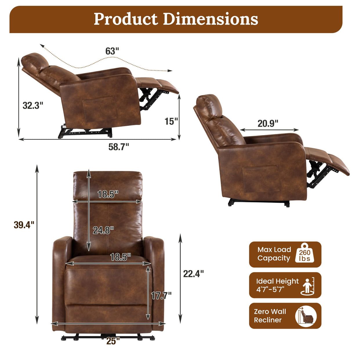 Cfvyne Zero Wall Power Recliner Chairs, Small Recliner for Small Spaces and Petite People Man Woman (1, Light Brown Faux Leather) Cfvyne