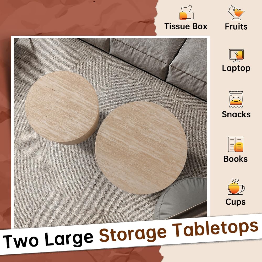 Round Nesting Coffee Table Set of 2 Modern Small Round Coffee Table Travertine Side Table Small Round End Table Circular Coffee Table Circle Nested Coffee Table for Living Room (Travertine) YYZIWYUN