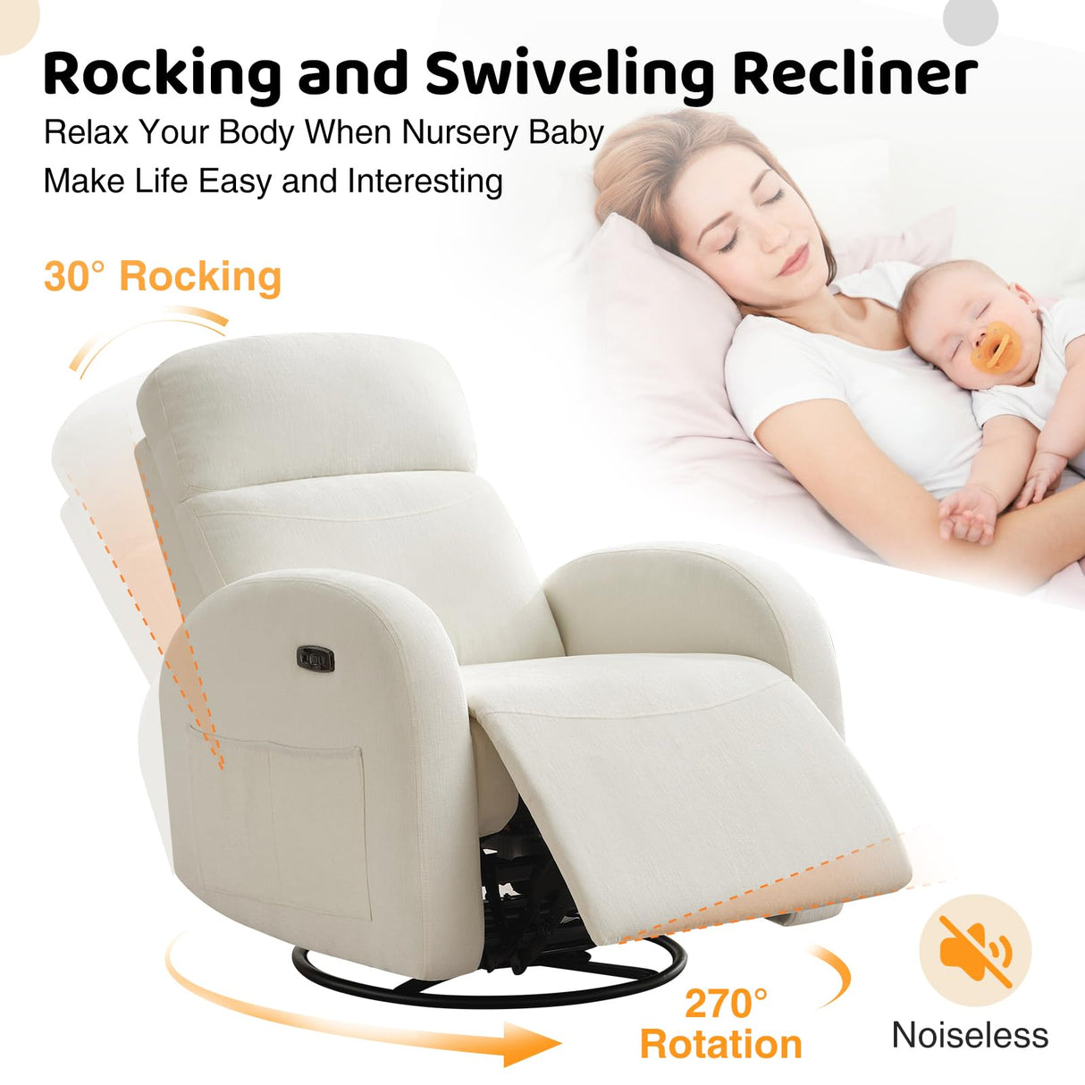 Power Nursery Glider Recliner, Chenille Electric Rocker Recliner with Type-C & USB Port, Nursery Swivel Rocker Recliners with Double Pockets for Adult, Cream White AEMEIOS