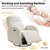 Power Nursery Glider Recliner, Chenille Electric Rocker Recliner with Type-C & USB Port, Nursery Swivel Rocker Recliners with Double Pockets for Adult, Cream White AEMEIOS