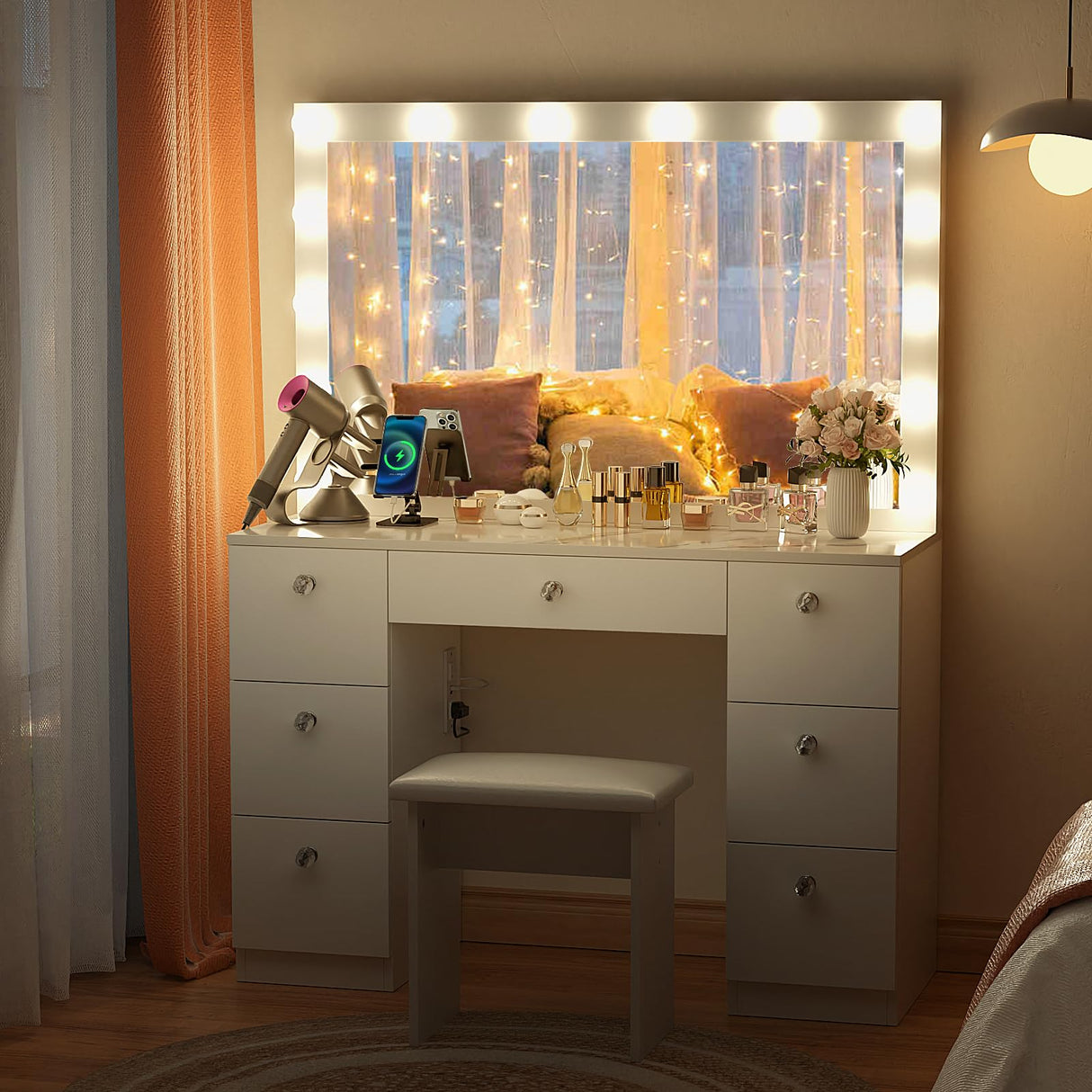 SMOOL Vanity with Lighted Mirror, Makeup Vanity Desk with Power Outlet and LED Bulbs, 3 Color Lighting Modes Adjustable Brightness, 7 Drawers Vanity Table with Cushioned Stool for Bedroom, Marble SMOOL