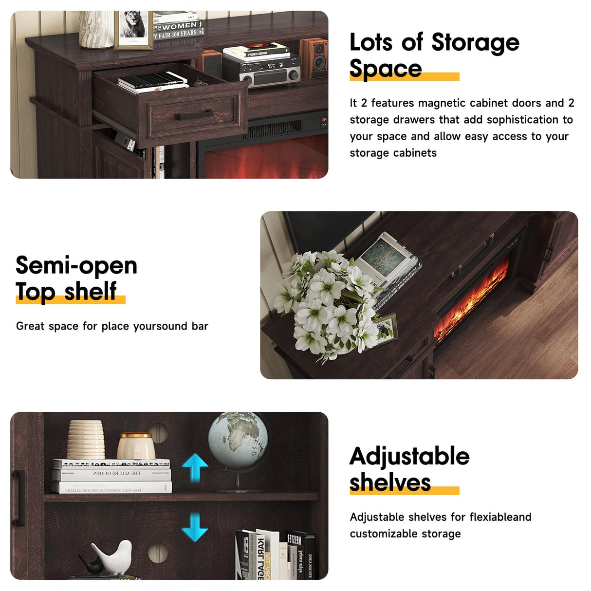 Maupvit Fireplace TV Stand for up to 65 inch TV, Entertainment Center with 23" Fireplace, Farmhouse TV Stands with Electric Fireplace, 2 Storage Cabinets, 2 Drawers for Living Room,Brown Maupvit