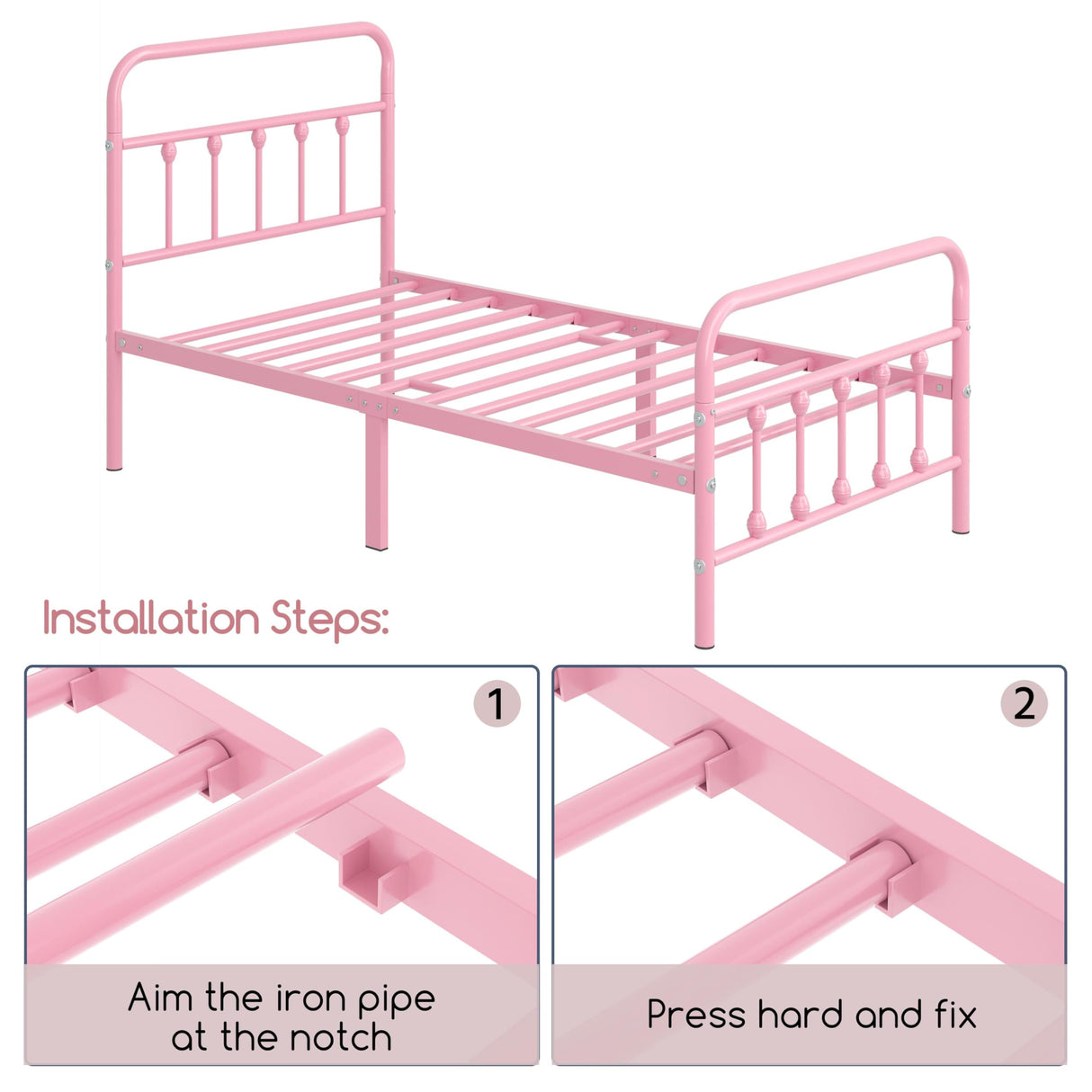 Yaheetech Classic Metal Platform Bed Frame Mattress Foundation with Victorian Style Iron-Art Headboard/Footboard/Under Bed Storage/No Box Spring Needed/Twin Size Pink Yaheetech