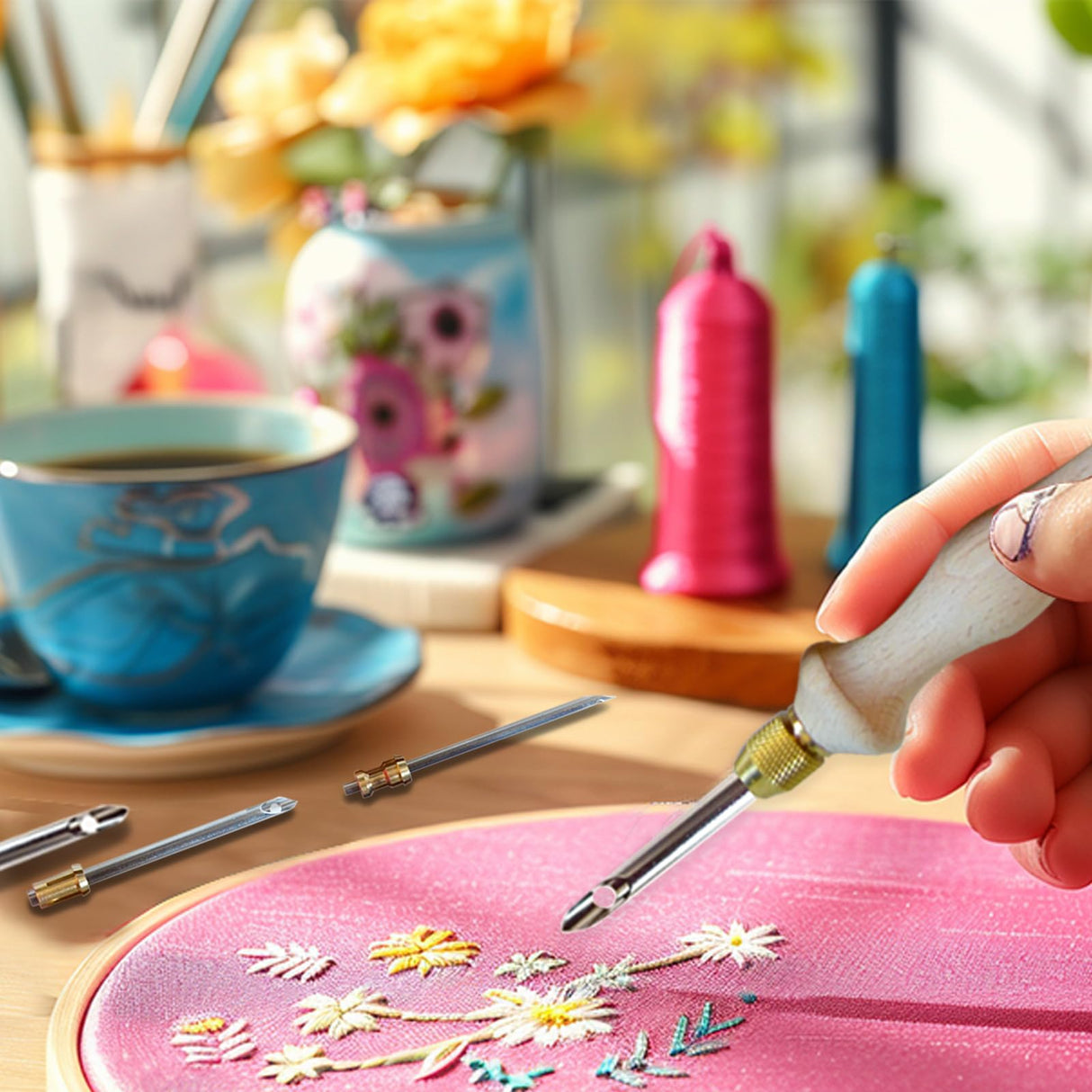 DiaWiew Adjustable Punch Needle Kit - Punch Needle Tool Include Wooden Handle Embroidery Pen Kits - Punch Needle Set for DIY Craft Decoration and Gifts - Perfect for Adults Beginners DiaWiew