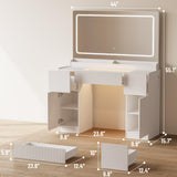 44" Vanity Desk with Large Mirror and Lights, Modern Glass Top Makeup Vanity Set with Power Outlet, 3 Drawers and 2 Cabinet, 3 Lighting Color Adjustable Dressing Table for Bedroom,Pure White INNOD