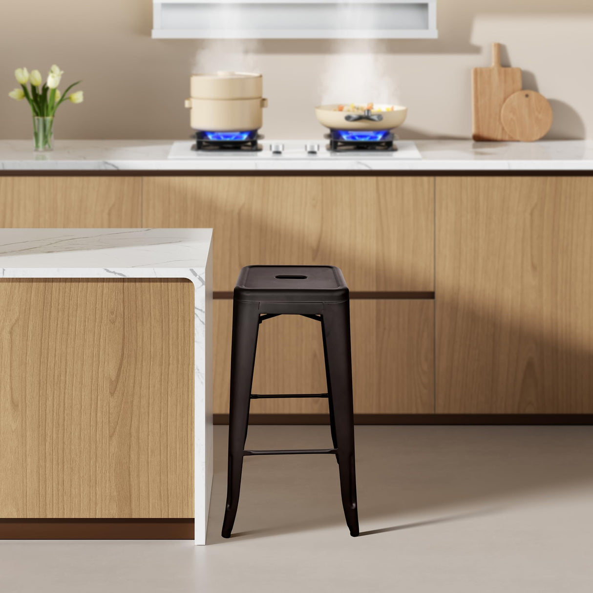 Elevon 30 Inches Metal Bar Stools, High Backless Stools, Indoor Outdoor Stackable Kitchen Stools, Set of 4, Gun Elevon