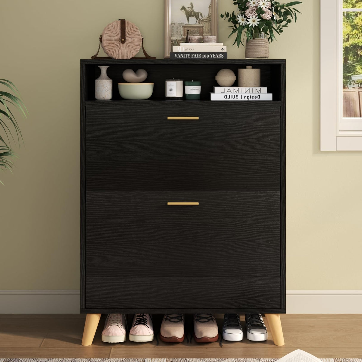 Gyfimoie Entryway Shoe Storage Cabinet with 2 Flip Drawers, FreestandingShoe Organizer for Entryway, Narrow Shoe Rack Cabinet (Black) Gyfimoie