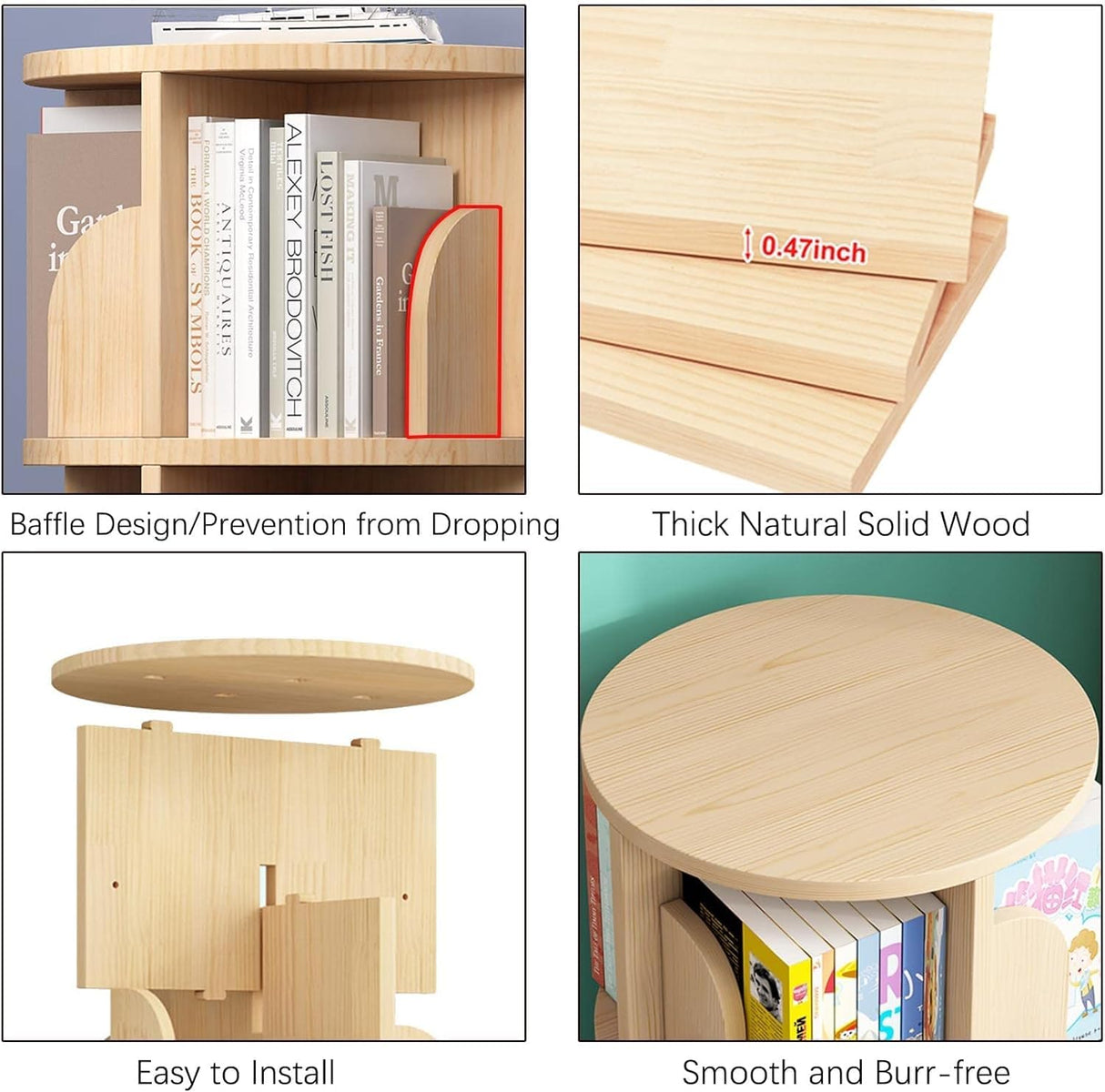 4-Tier Rotating Wooden Bookshelf Organizer for Kids and Adults - Solid Wood Display Rack for Any Room TNUEEIO