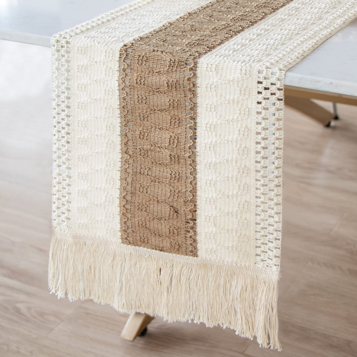 OurWarm Macrame Table Runner Farmhouse Style, Natural Burlap Boho Table Runner Modern Farmhouse Decor Rustic Woven Cotton Crochet Lace for Bohemian, Rustic,Bridal, Shower Wedding, Dinner, 72" x 12" OurWarm