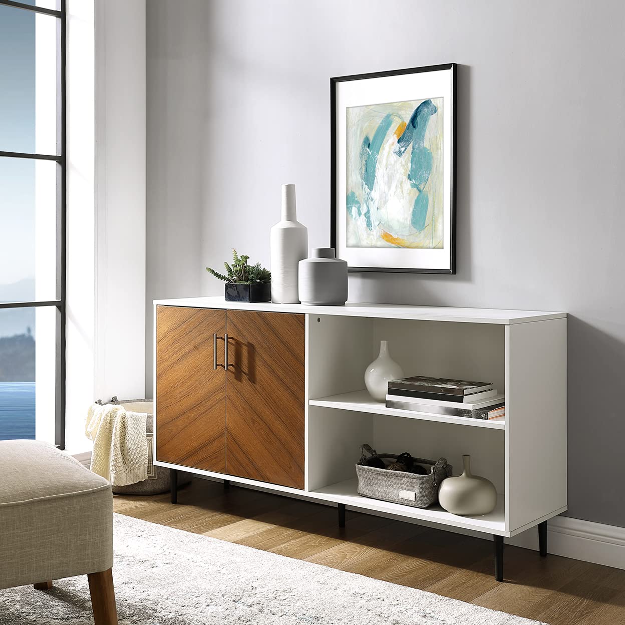 Walker Edison Fehr Modern 2 Door Bookmatch Asymmetrical Console for TVs up to 65 Inches, 58 Inch, White - WoodArtSupply