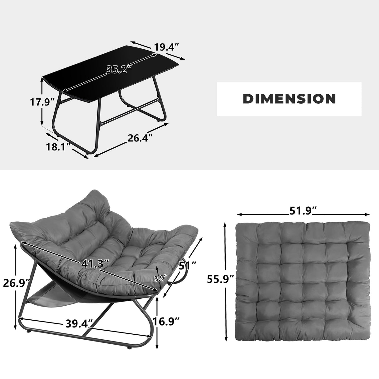 NOBLEMOOD 2 Pieces Patio Loveseat Set with Coffee Table, Outdoor Indoor Cushioned Love Seat, Metal Frame Oversized 2 Seater Chair for Porch, Garden, Living Room, Balcony NOBLEMOOD