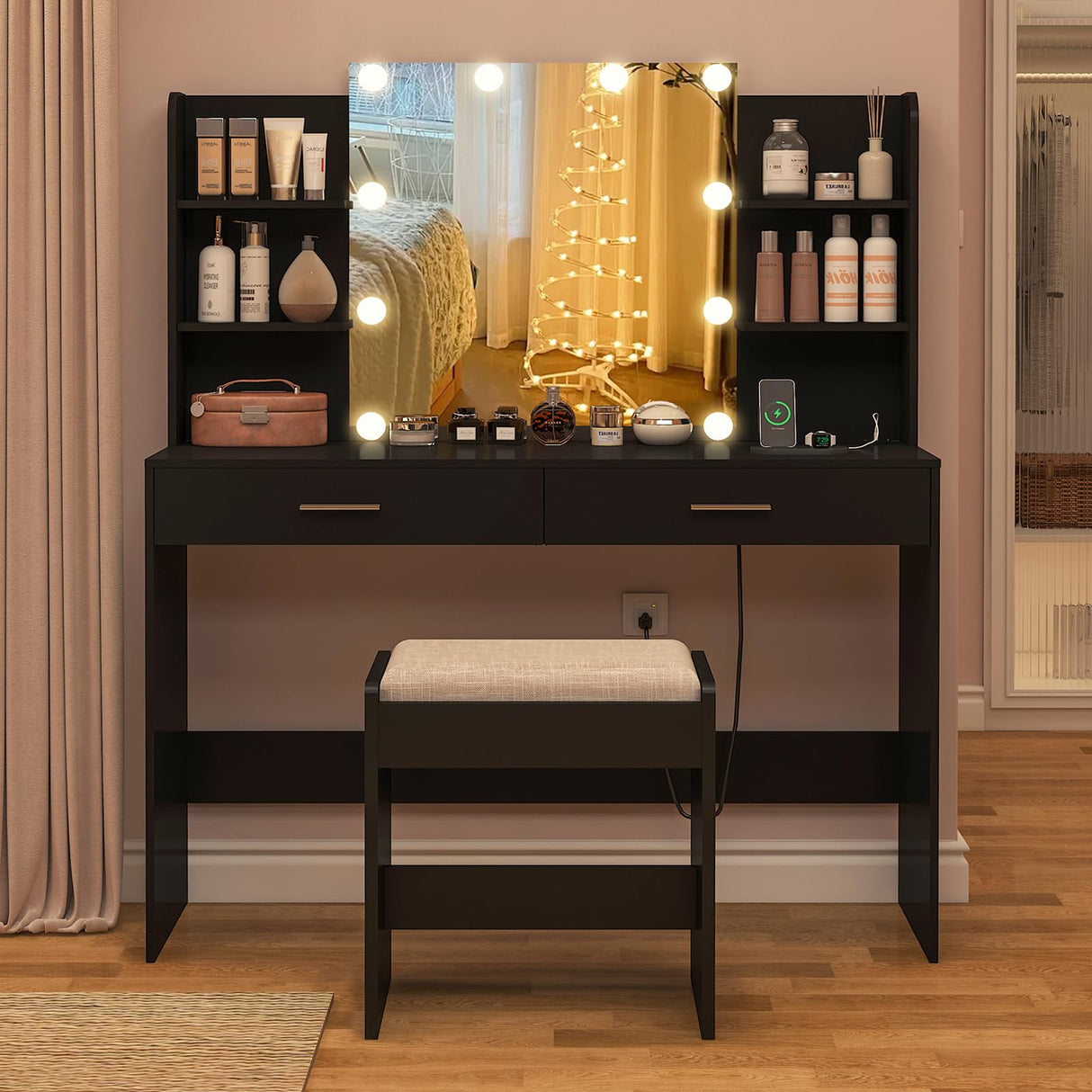 FIONESO Vanity Desk, Makeup Vanity Desk with Mirror & Lights, Vanity Desk with 2 Drawers & 6 Storage Shelves, Dressing Table with Power Outlet, for Women Girls, Bedroom, Black FIONESO