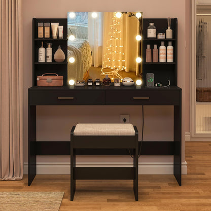 FIONESO Vanity Desk, Makeup Vanity Desk with Mirror & Lights, Vanity Desk with 2 Drawers & 6 Storage Shelves, Dressing Table with Power Outlet, for Women Girls, Bedroom, Black