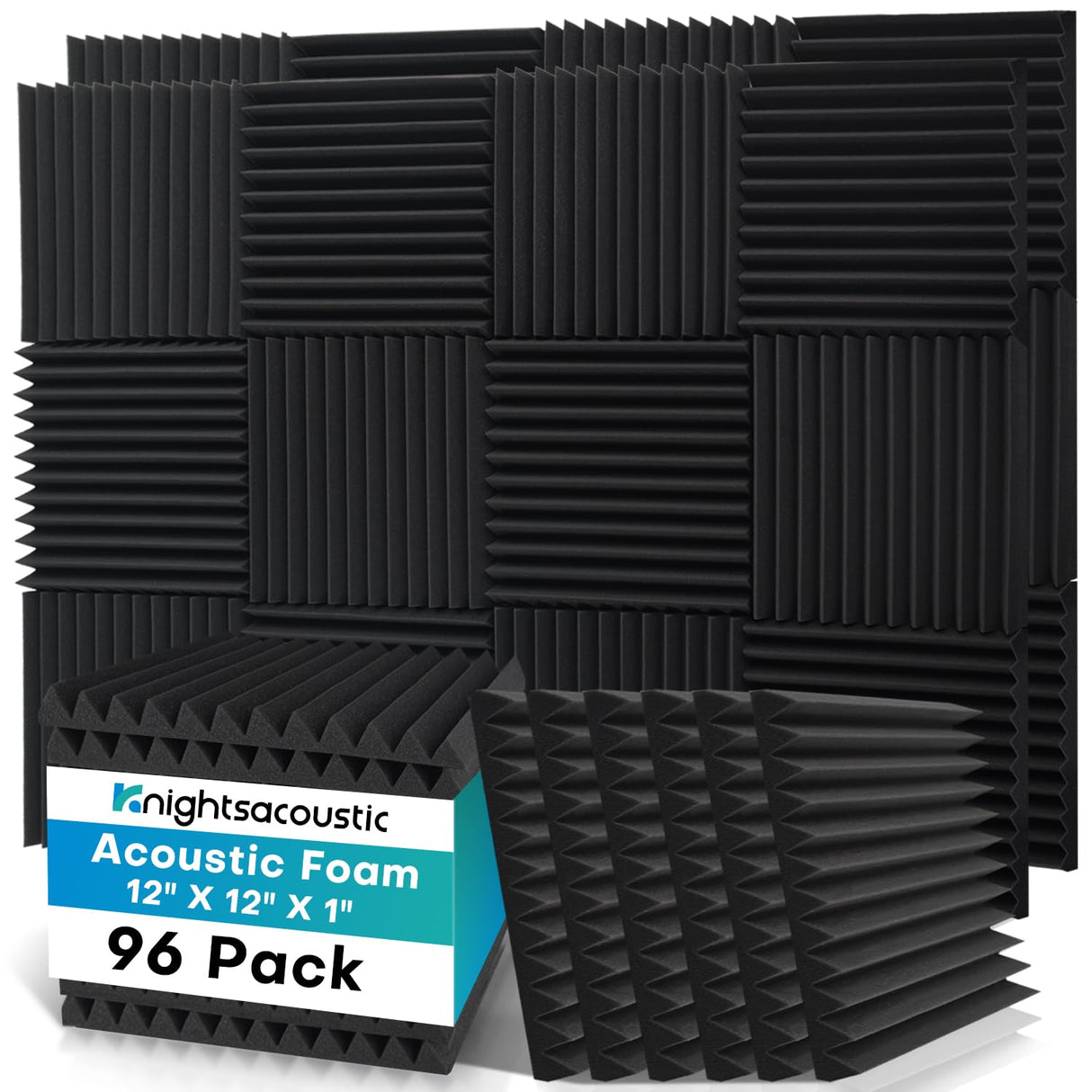 Knightsacoustic 96 Pack Sound Proof Foam Panels for Walls, 1 X 12 X 12 Inches Acoustic Foam Panels, High Density Acoustic Panels Sound Absorbing, Black Noise Cancelling Studio Wedges Knightsacoustic