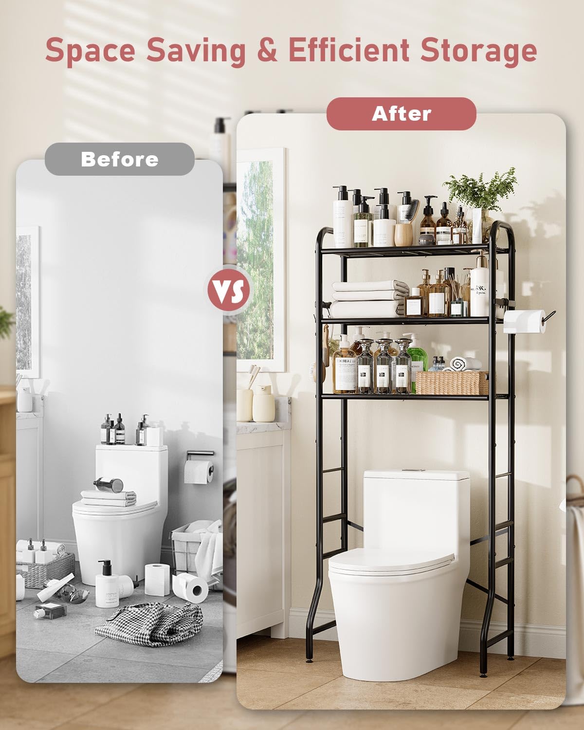 Tujurich Over The Toilet Storage Rack, 3-Tier Metal Bathroom Organizer with Hooks, Over The Toilet Storage Cabinet, Space Saver Shelf for Bathroom, Black, 23.6" x 13.0" x 63.4" Tujurich