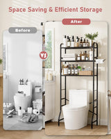 Tujurich Over The Toilet Storage Rack, 3-Tier Metal Bathroom Organizer with Hooks, Over The Toilet Storage Cabinet, Space Saver Shelf for Bathroom, Black, 23.6" x 13.0" x 63.4" Tujurich