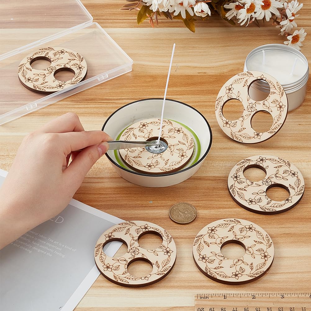 BENECREAT 6 Pcs 3 Styles Wooden Wick Centering Tool, 2.95 Inch Engraved Patterned Wick Holder, 1-Hole 2-Hole 3-Hole Candle Wick Stabilizer for Candle Making DIY BENECREAT
