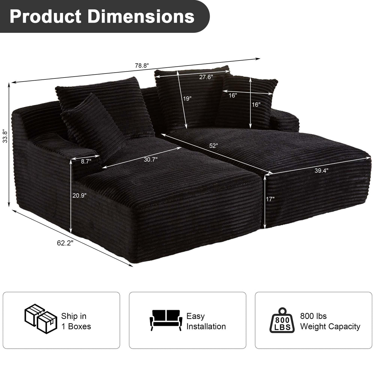 Tmsan 78.8" Oversized Double Chaise Lounge Sofa Indoor, Corduroy Boneless Couch Bed Comfy Foam Compressed Cloud Loveseat Sleeper Chair for Living Room Apartment Office Tmsan