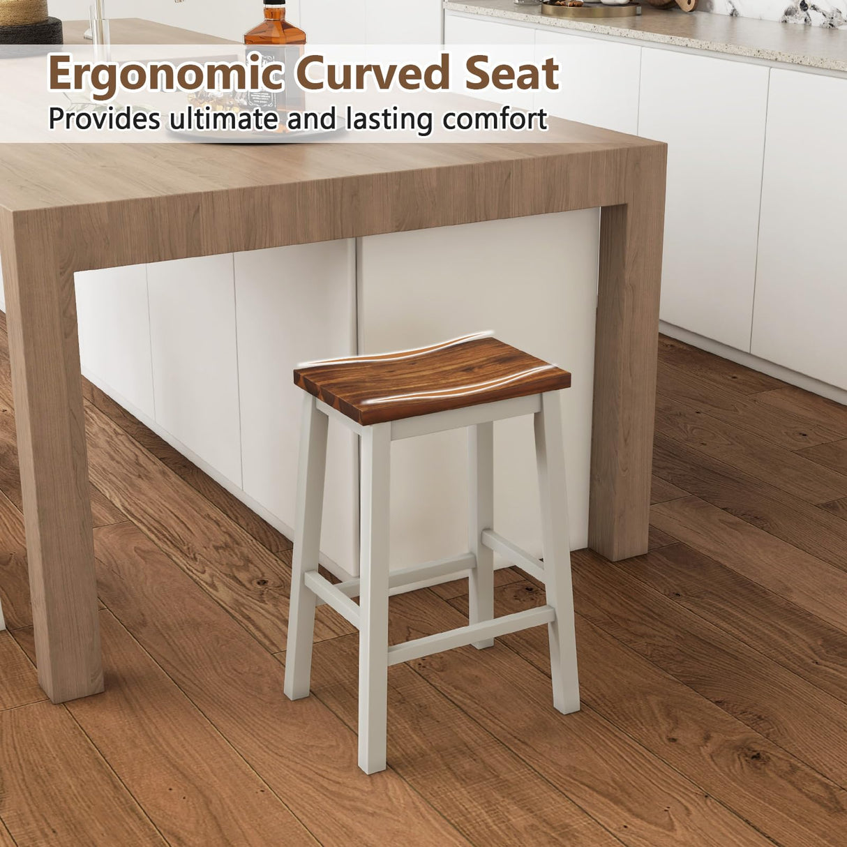 COSTWAY 24.5 Inch Bar Stools Set of 2, Solid Wood Saddle Stools w/Footrests, Industrial Counter Height Breakfast Stools for Kitchen Island, Dining Room, Living Room & Bar, White & Walnut COSTWAY