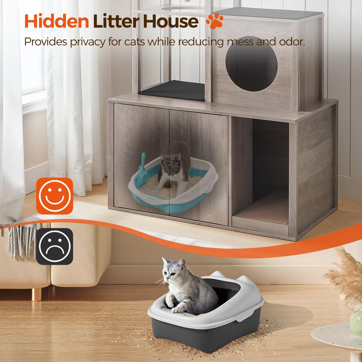 MAHANCRIS Cat Tree with Litter Box Enclosure, Hidden Cats Litter Box Furniture with Condo and Plush Ball, Wooden Cats Washroom Furniture with Platform, Indoor Cat House, Greige CWHG1501 MAHANCRIS
