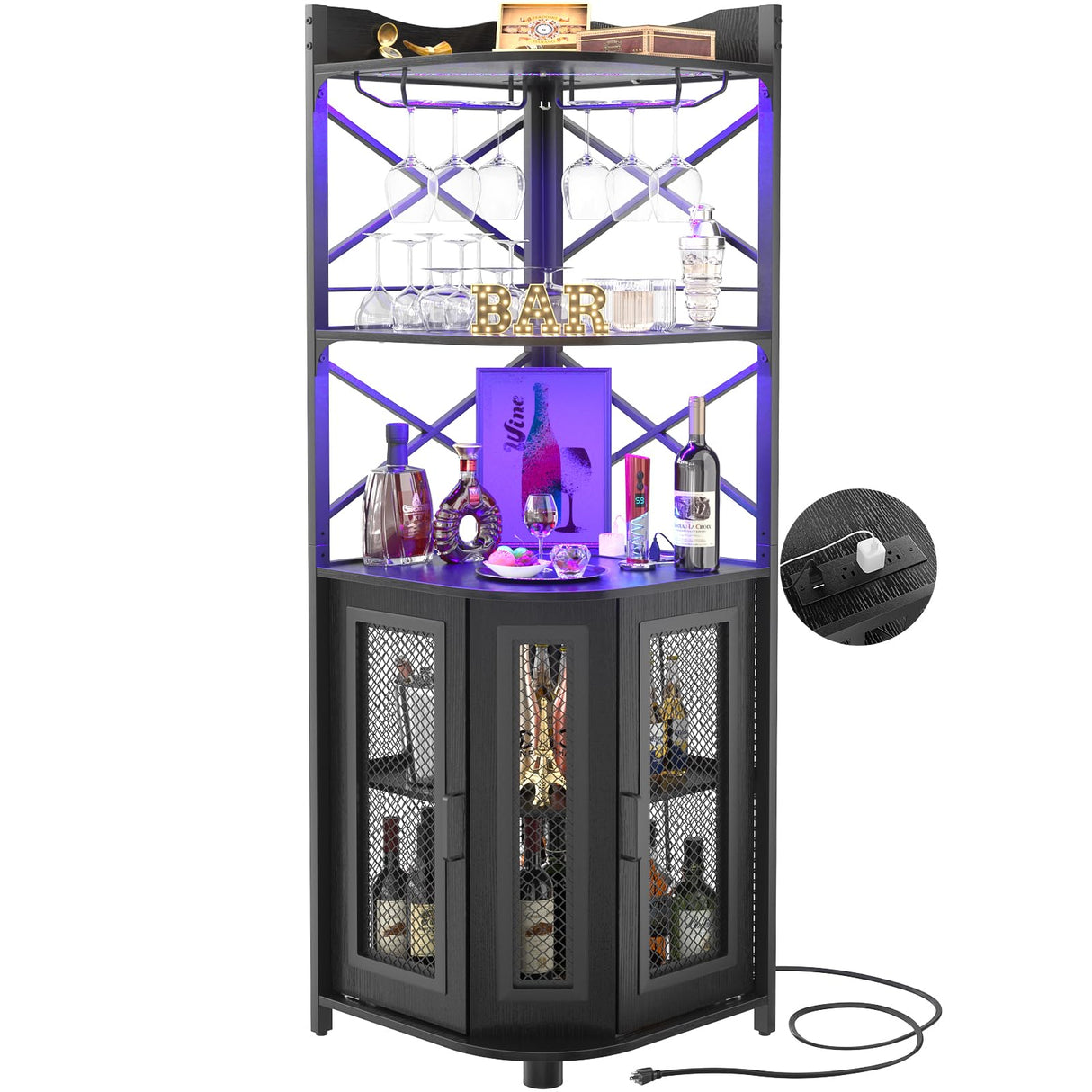 Aheaplus Corner Bar Cabinet with Power Outlet, Industrial Wine Cabinet with LED Strip and Glass Holder, 5-Tiers Liquor Cabinet Bar Unit for Home, Corner Display Cabinet for Small Space, Black Aheaplus