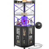 Aheaplus Corner Bar Cabinet with Power Outlet, Industrial Wine Cabinet with LED Strip and Glass Holder, 5-Tiers Liquor Cabinet Bar Unit for Home, Corner Display Cabinet for Small Space, Black Aheaplus