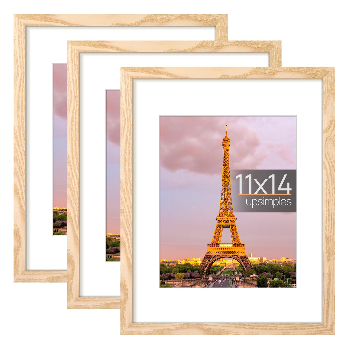 upsimples 11x14 Picture Frame Set of 3, Made of High Definition Glass for 8x10 with Mat or 11 x 14 Without, Natural, Wall and Tabletop Display Photo Frames upsimples