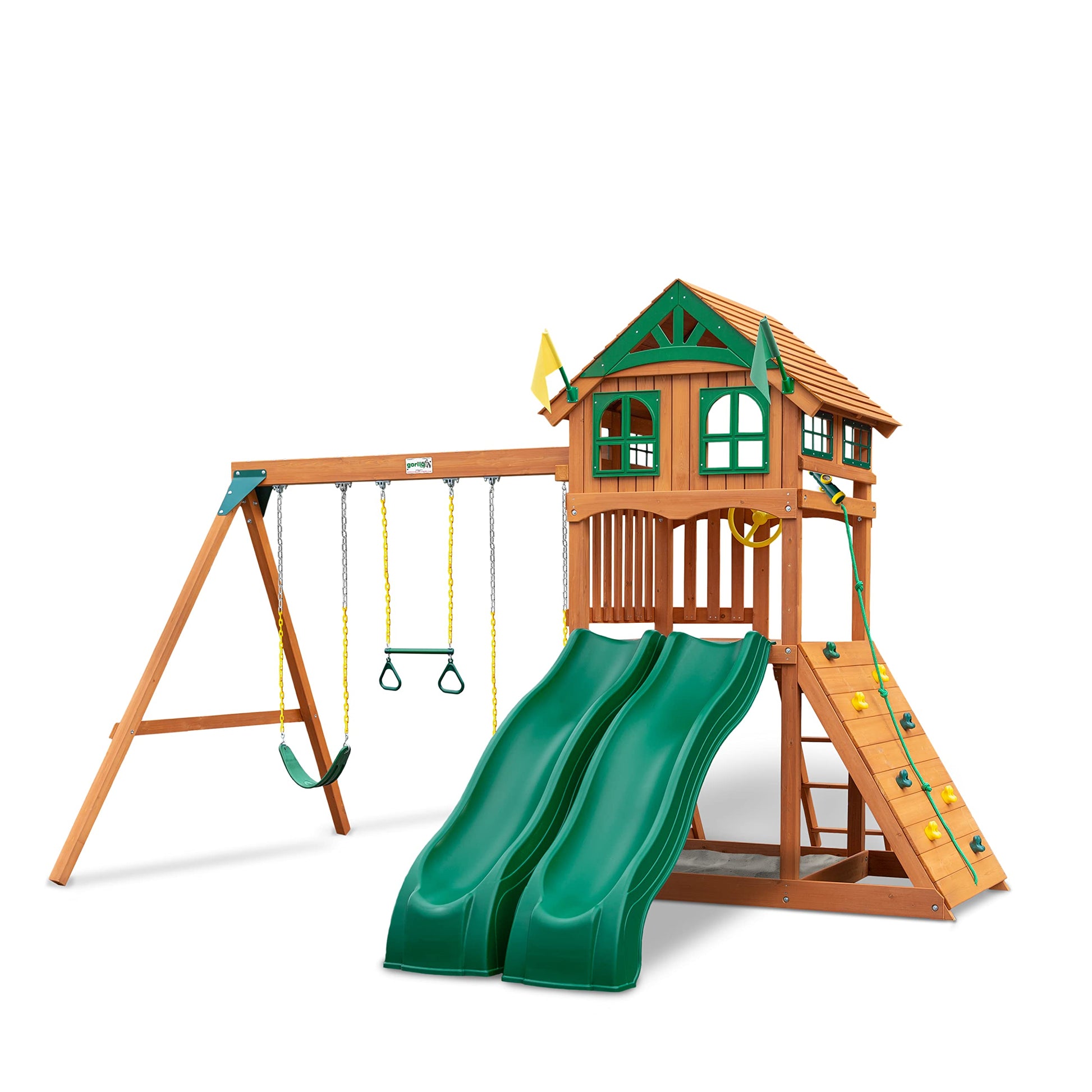 Gorilla Playsets 01-1087 Avalon Wooden Swing Set with Wood Roof, Two Slides, Climbing Wall, Ladder, and Swings, Cedar - WoodArtSupply