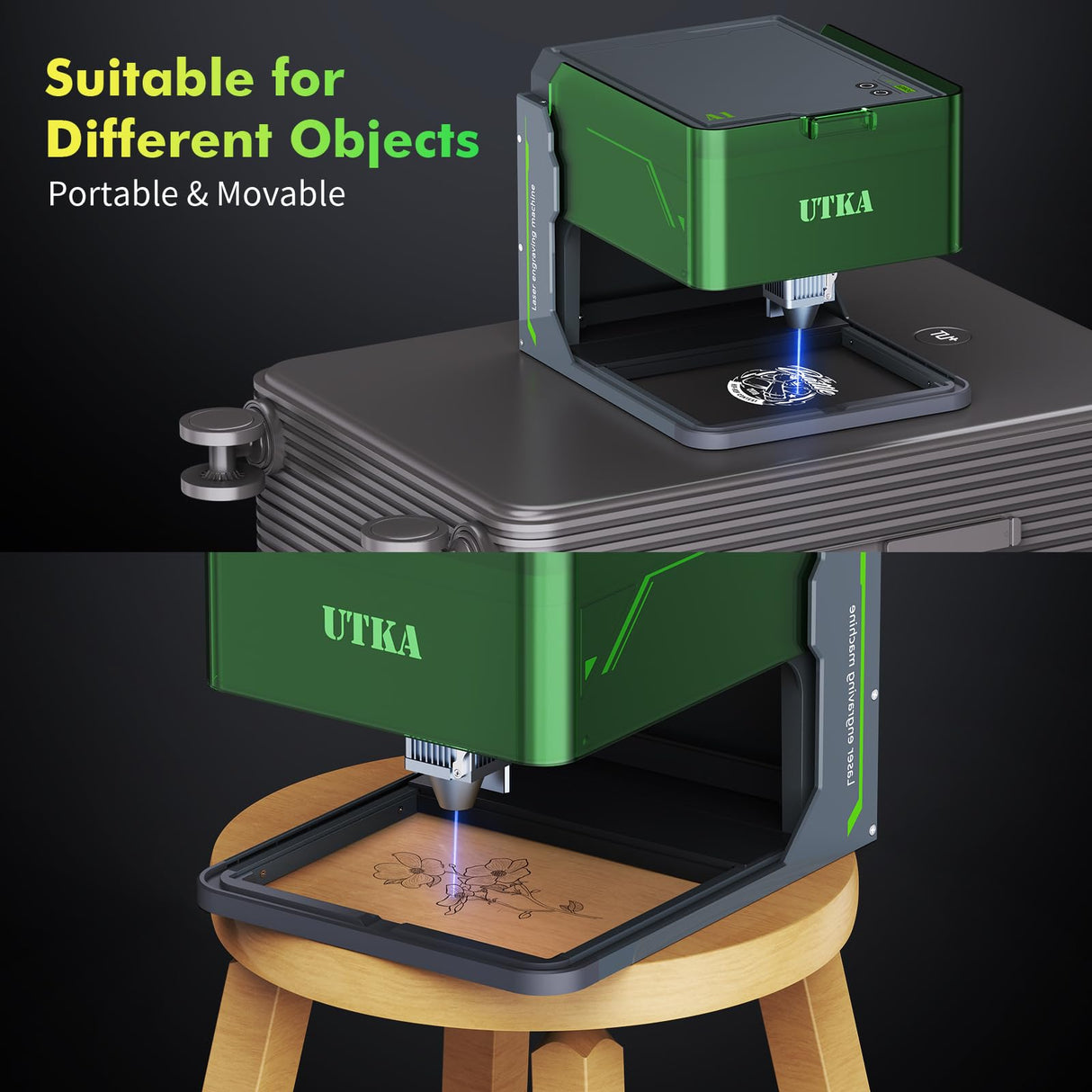 UTKA A1 5W Mini Laser Engraver,High Speed 8000mm/min Laser Cutter, Portable Laser Engraving Machine for Wood,Leather,Acrylic,Painted Metal,Laser Class1 Mini Engraver with 3.93 * 3.93in Engraving Area UTKA