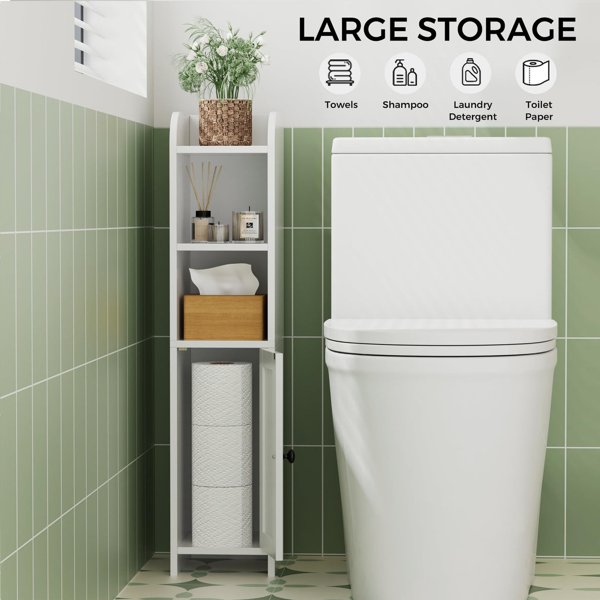 Homhedy Small Bathroom Storage Corner Floor Cabinet with Door and Shelves, Beside The Toilet Cabinet for Skinny, Narrow Toilet Paper Cabinet, Adjustable Shelf, White Homhedy