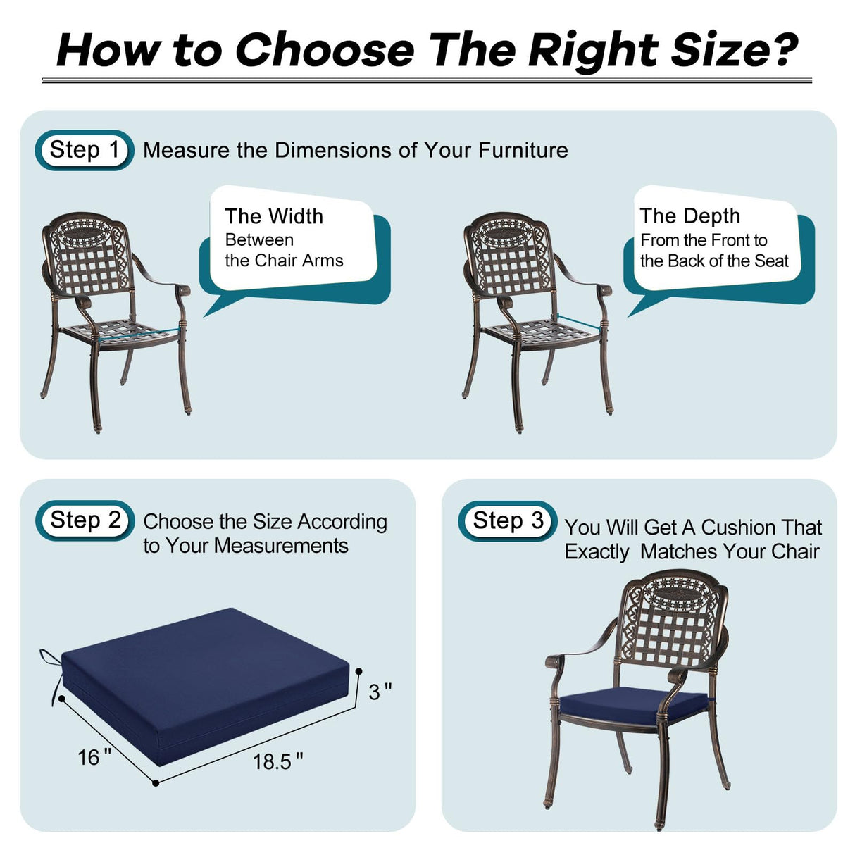 Basic Beyond Outdoor Chair Cushions Set of 2, Waterproof Outdoor Cushions with Ties, Square Corner Patio Furniture Cushions, 18.5"x16"x3", Navy Basic Beyond