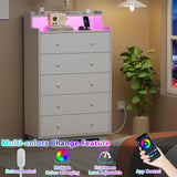 Furnulem Tall Chest of Drawers for Bedroom,5 Drawer Dresser with Charging Station and LED Light,Wood Deep Slide Drawer for Clothes,Blanket in Living Room, Closet,Entryway,White Dresser Furnulem