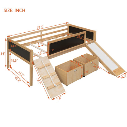 Harper & Bright Designs Low Loft Bed with Slide, Wood Twin Loft Bed for Kids, Loft Bed Twin with 2 Toy Boxes, Chalkboard and Climbing Frame, Junior Loft Bed Frame for Girls Boys (Twin, Natural)