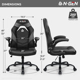 N-GEN Video Gaming Computer Chair Ergonomic Office Chair Desk Chair with Lumbar Support Flip Up Arms Adjustable Height Swivel PU Leather Executive with Wheels for Adults Women Men (Grey) NEO CHAIR