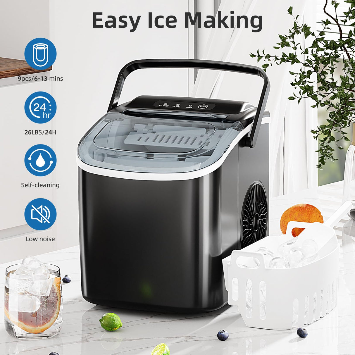 Antarctic Star Ice Maker Countertop, Portable Ice Machine with Carry Handle, 26Lbs Per Day, 9 Cubes Ready in 6 Mins, Self-Cleaning Ice Makers with Ice Scoop and Basket for Kitchen/Office/Party (Black) Antarctic Star