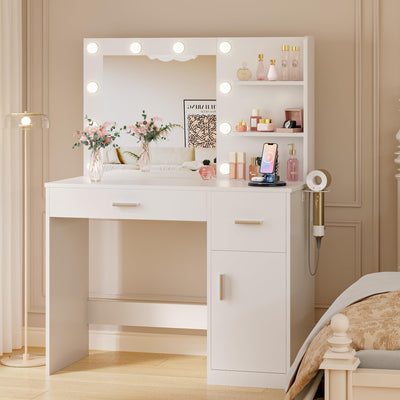JUMMICO 35.4" Vanity Desk with LED Mirror & Power Outlet, Makeup Vanity Table with 3 Open Storage Shelves, Drawers and Cabinet, 3 Model Adjustable Lights for Bedroom & Dressing Room (White)
