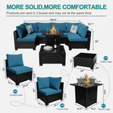 Ophelian 8 Piece Wicker Patio Furniture Set with Fire Pit Table, Rattan Outdoor Sectional Sofa, Patio Couch Set for Backyard, Garden, Deck (Coffee/Peacock Blue) Ophelian