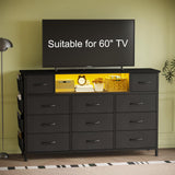 YGEOMER Black Dresser for Bedroom with Power Outlets and LED Lights 11 Drawers with Side Pocket, Fabric Drawers with PU Finish, Frame & Wood Top for 60inch TV Long Dresser Storage Organizer YGEOMER