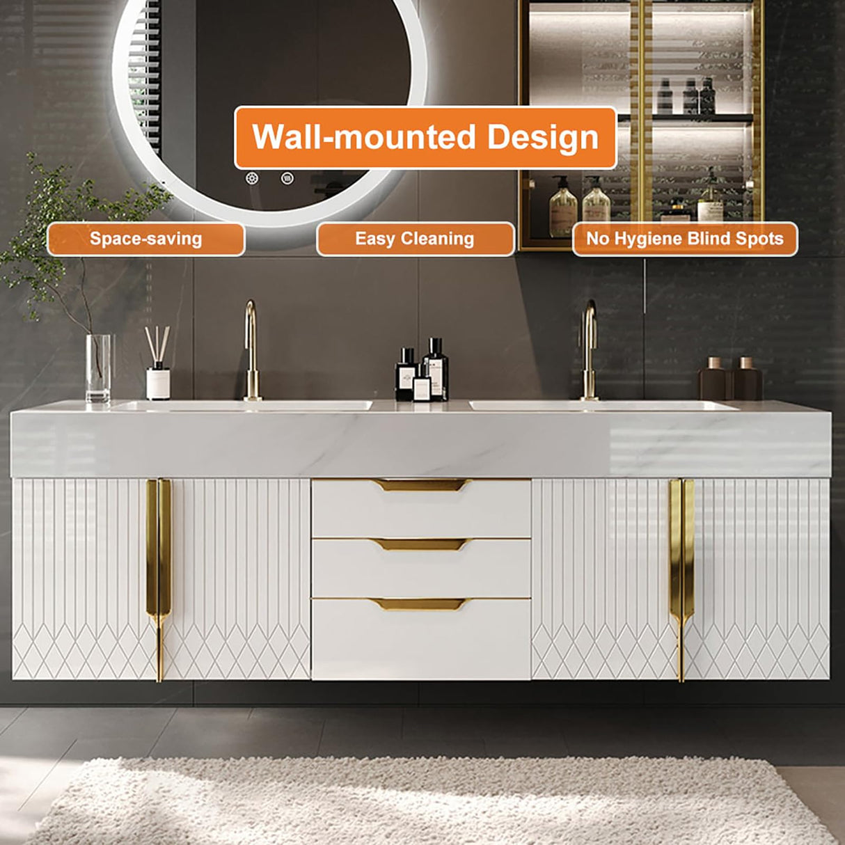 Weibath 59" Wall Mounted Bathroom Vanity Modern Bathroom Vanity with Double Sink & Drawers & Doors Faux Marble Top Weibath