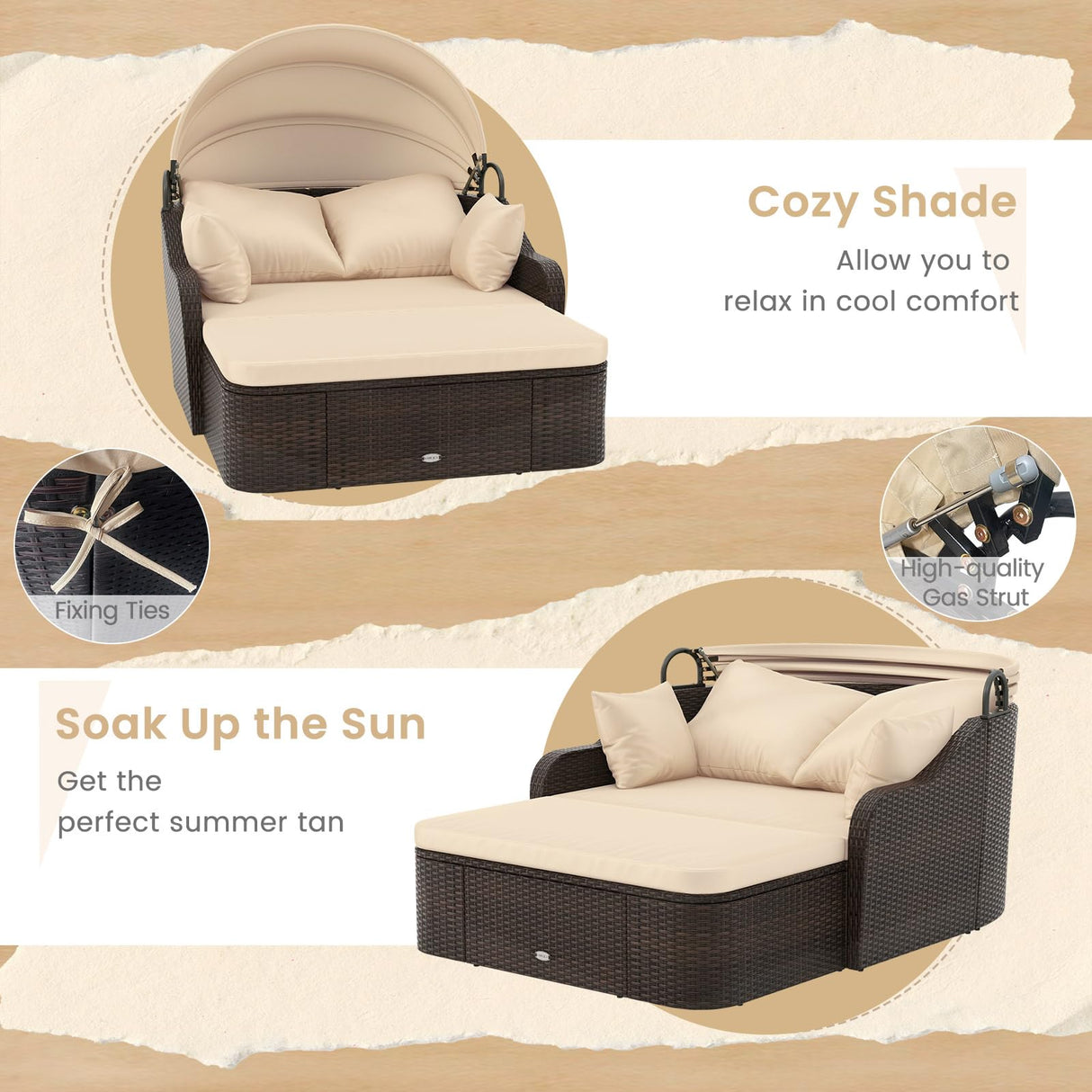 Moccha Outdoor Daybed with Retractable Canopy - PE Rattan Double Chaise Lounge w/Soft Cushions, Pillows, Ottoman, Outside Sunbed, Wicker Loveseat Sofa, Sectional Conversation Set, Patio Furniture Set LDAILY