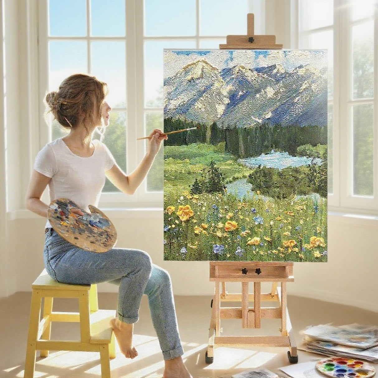 Professional H-Frame Studio Easel, Beech Wood, Height-Adjustable with Wheels, Storage Box, 73-Inch Canvas Capacity (Nature) Generic