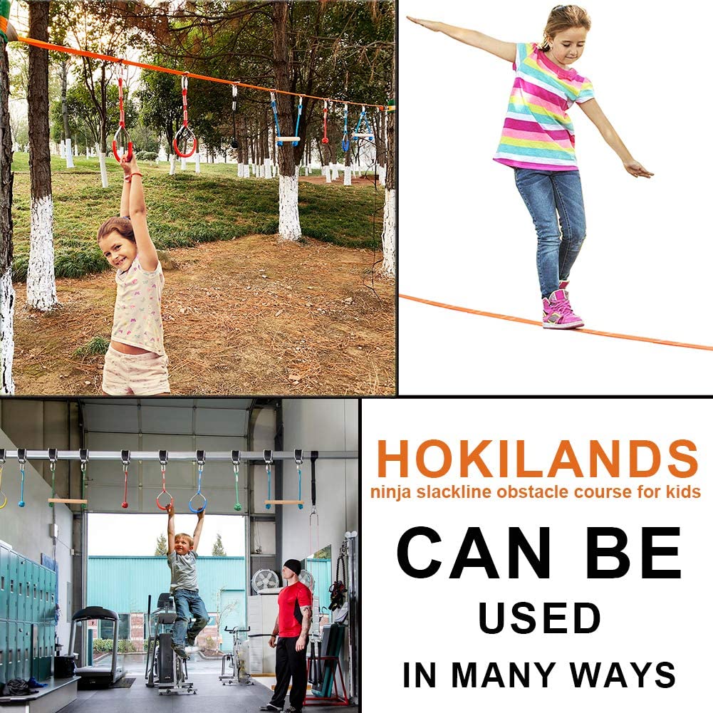 50FT Jungle Gym Ninja Warrior Training Equipment Hanging Monkey Bar, Adjust Kids Adults Obstacles Course Backyard Playground Trapeze Playset- Climb Rope Ladder, Wood Swing Bar, Ninja Ring, Monkey Fist Hokilands