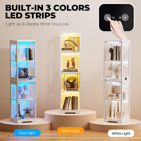 BROTTAR Glass Display Cabinet, 4-Tier Curio Cabinets with 3 Color Lights for Collectibles, Storage Cabinet with Door, Glass Display Case & Bookcase with Human Body Sensor, White BROTTAR