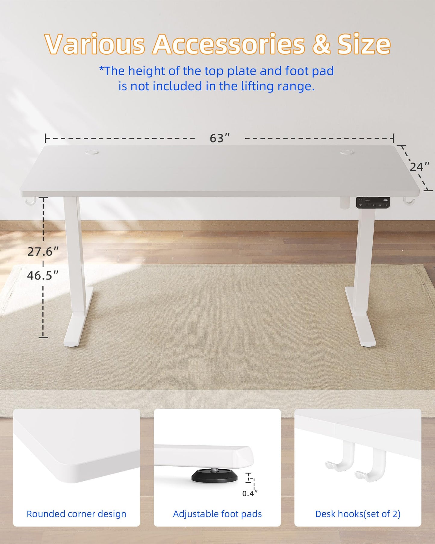 YIHAYO Adjustable Standing Desk, Electric Desk, 63 x 24 Inches Stand Up Desk with Splice Board, Adjustable Height Desk, Computer Desk for Home Office, White Frame/White Top