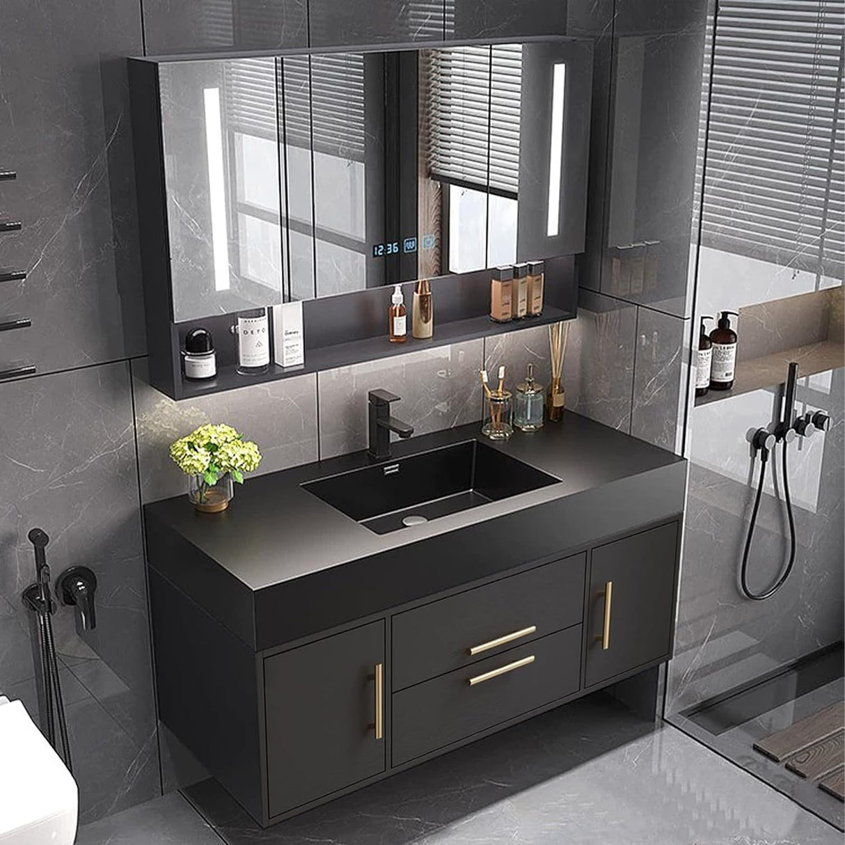 TIZAZO 60IN Bathroom Vanity with Single Sink -Smart Demisting Mirror Cabinet & LED Lighting | Modern Wall Mounted Bathroom Vanity TIZAZO
