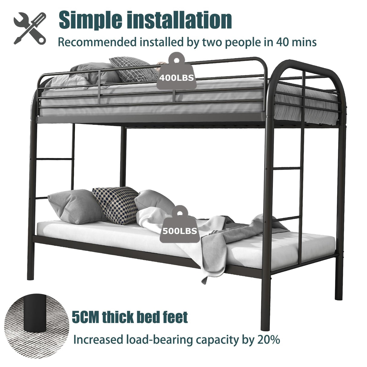 Flolinda Metal Bunk Bed Twin Over Twin, Heavy Duty Bunk Beds with 2 Ladders and 11.8" Full-Length Guardrail, Space-Saving Bunk Bed with Storage, No Box Spring Needed, Easy Assemble, Black Flolinda